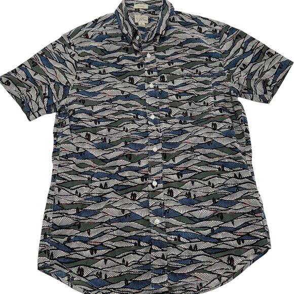 J. Crew Shirt Mens Small Grey Blue Green Printed Slub Cotton Button Down Classic - Picture 1 of 7